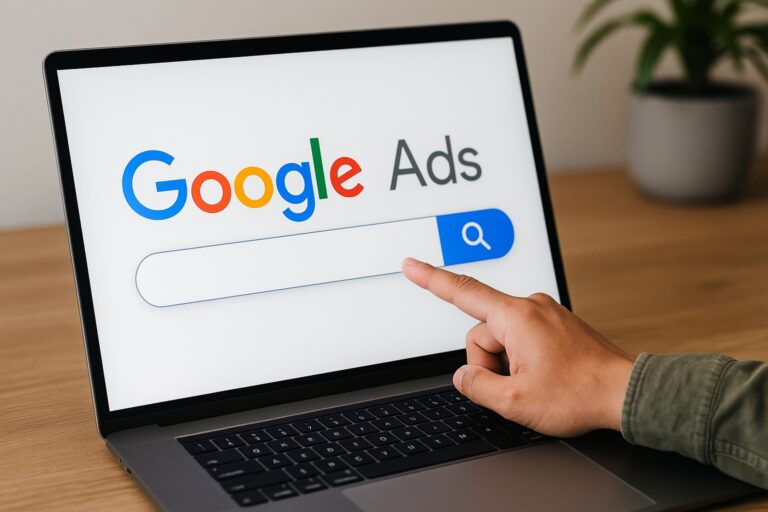 Close-up de uma tela exibindo o logotipo do Google Ads com uma pessoa apontando para a letra “G”. Finaliza com a palavra-chave Google Ads.