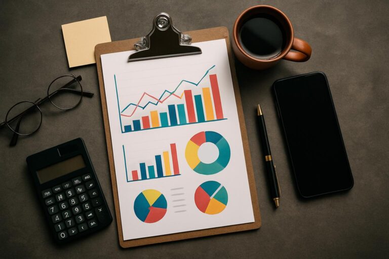 Clipboard com dashboard impresso, cercado por ferramentas de análise como calculadora, celular e caneta.