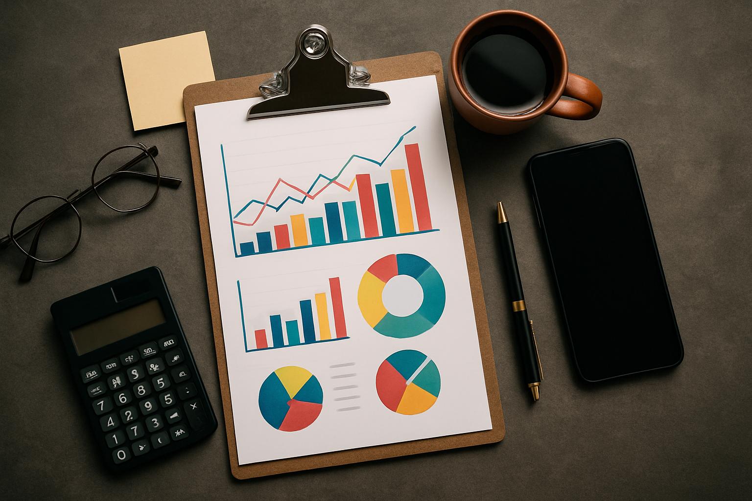 Clipboard com dashboard impresso, cercado por ferramentas de análise como calculadora, celular e caneta.