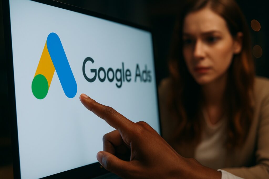 Pessoa prestes a clicar na barra de pesquisa em uma tela com o logotipo do Google Ads. Finaliza com a palavra-chave Google Ads.