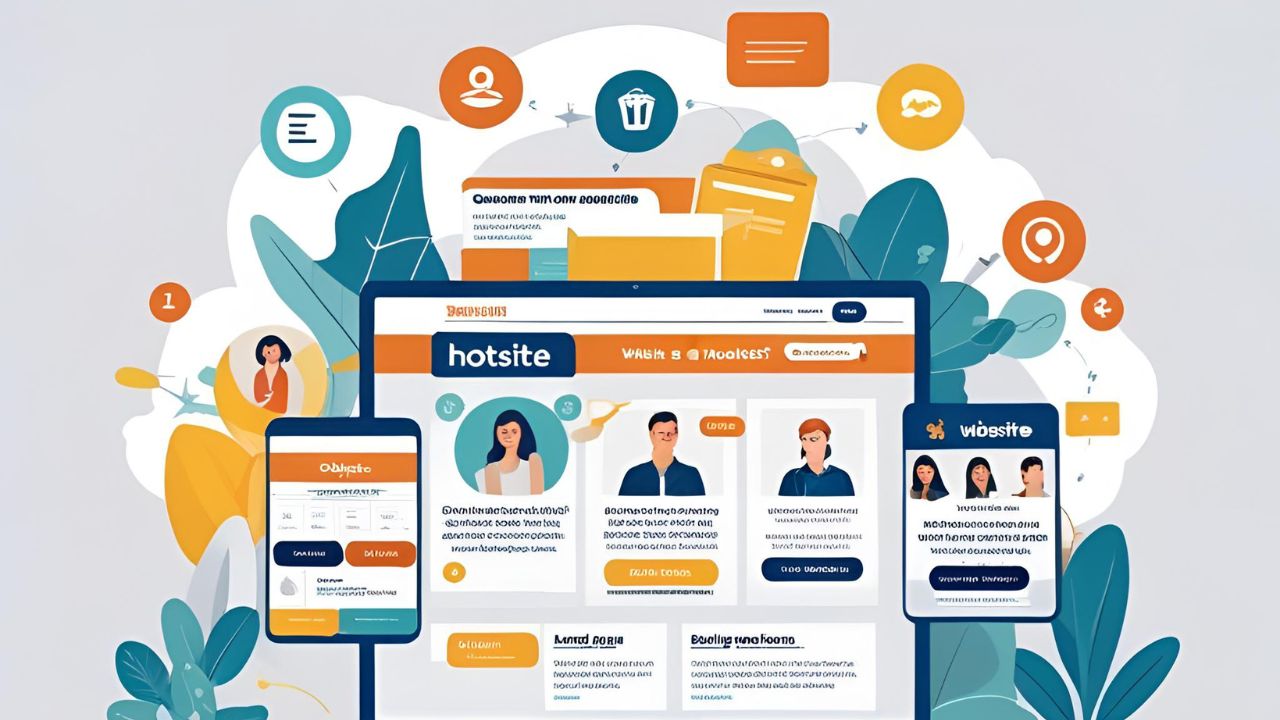 Ilustração mostra telas de hotsite em dispositivos móveis e desktop com elementos gráficos de fluxo e ícones de engajamento.