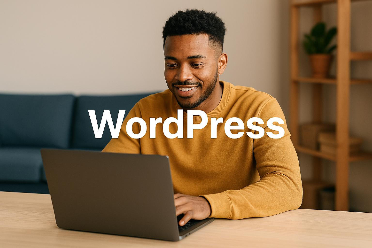 Jovem sorrindo enquanto trabalha em seu laptop com a logo do WordPress na tela, em ambiente acolhedor. O que é WordPress