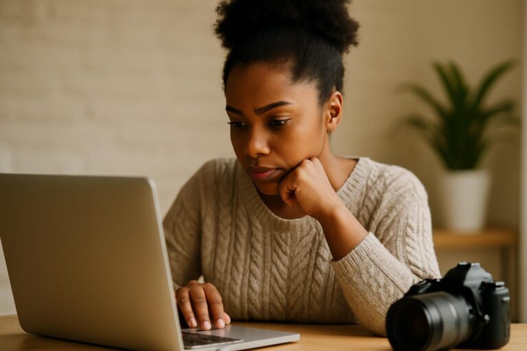 Mulher jovem observando com atenção uma tela de computador com gráficos e ícones de e-mail, representando planejamento de e-mail marketing.