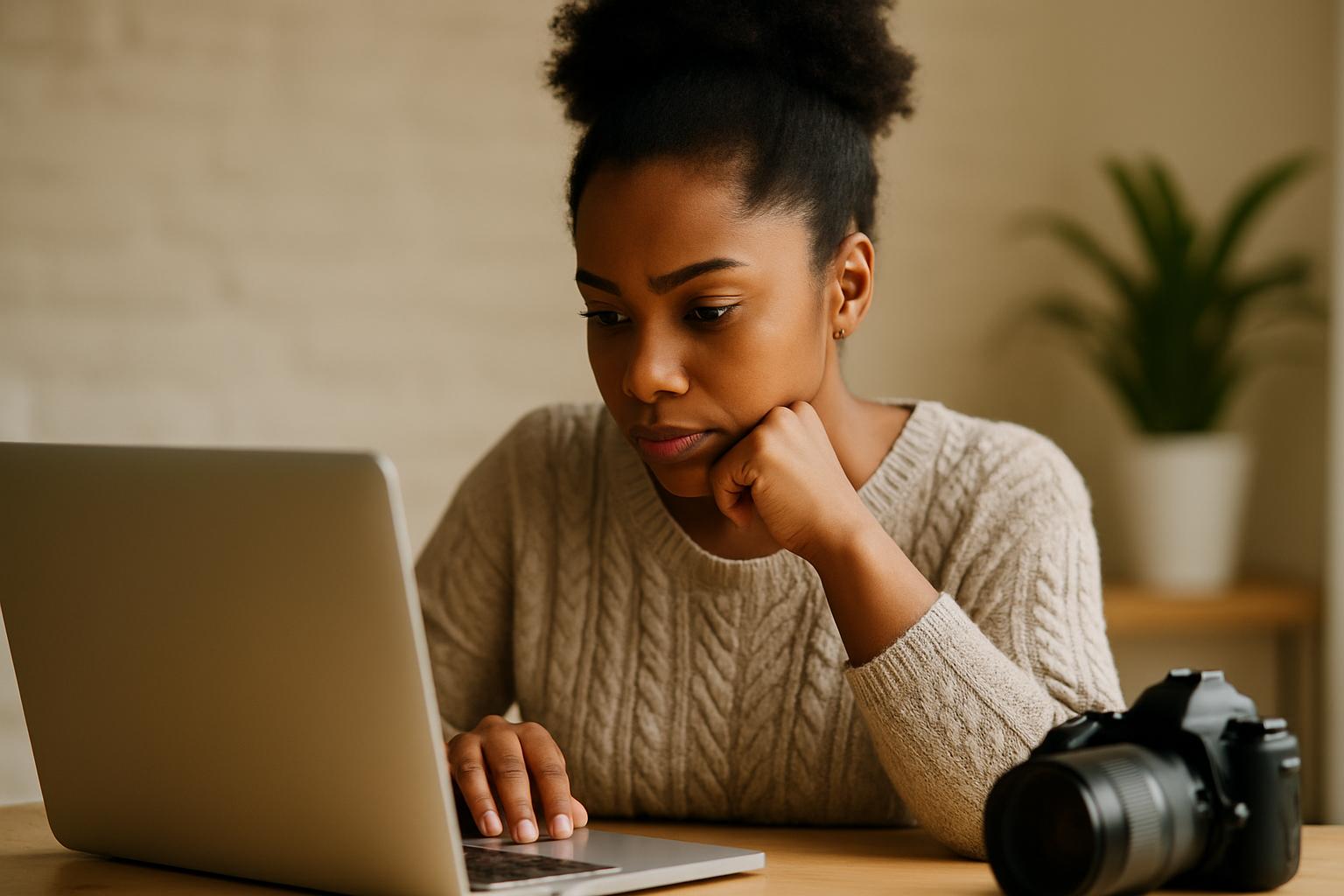 Mulher jovem observando com atenção uma tela de computador com gráficos e ícones de e-mail, representando planejamento de e-mail marketing.