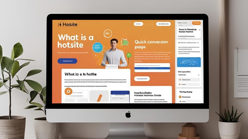 Monitor exibe a frase “What is a hotsite” com layout laranja vibrante, apresentando um modelo de página com foco em conversão.