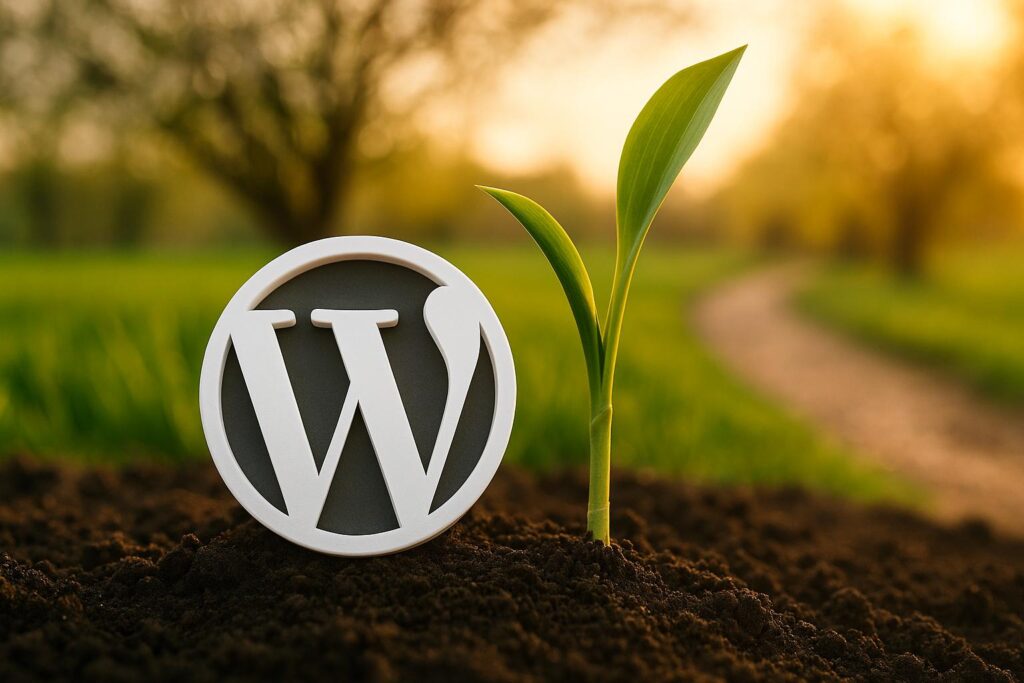 Ícone do WordPress sobre solo fértil ao lado de um broto verde em crescimento, representando o início de uma jornada digital com WordPress. O que é WordPress