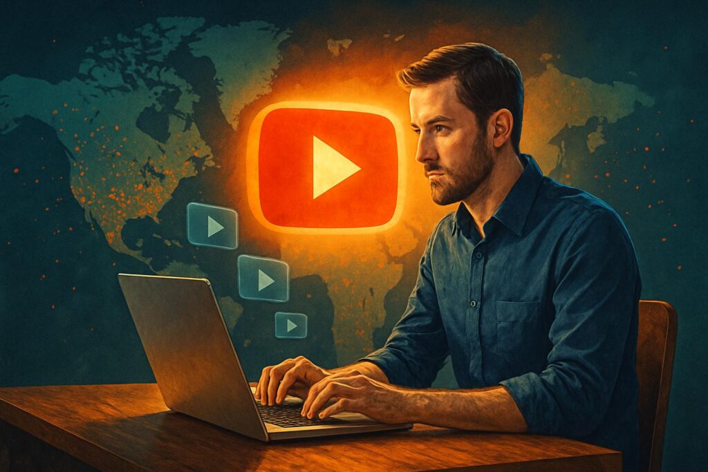 Homem digitando em notebook com ícones do YouTube flutuando sobre mapa mundi, representando youtube para empresas vale a pena em 2025.