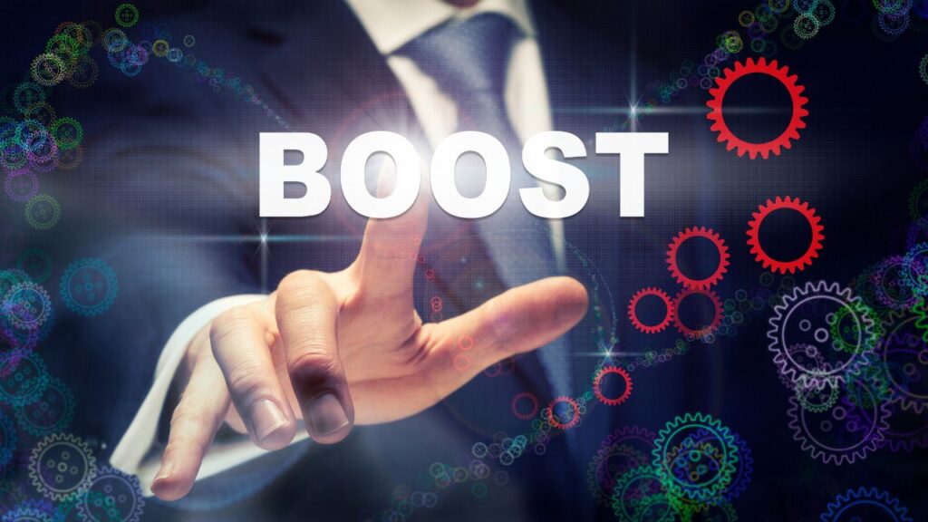 Gráfico de barras subindo com a frase “Boost Your Business”, simbolizando crescimento com impulsionamento. o que é impulsionamento