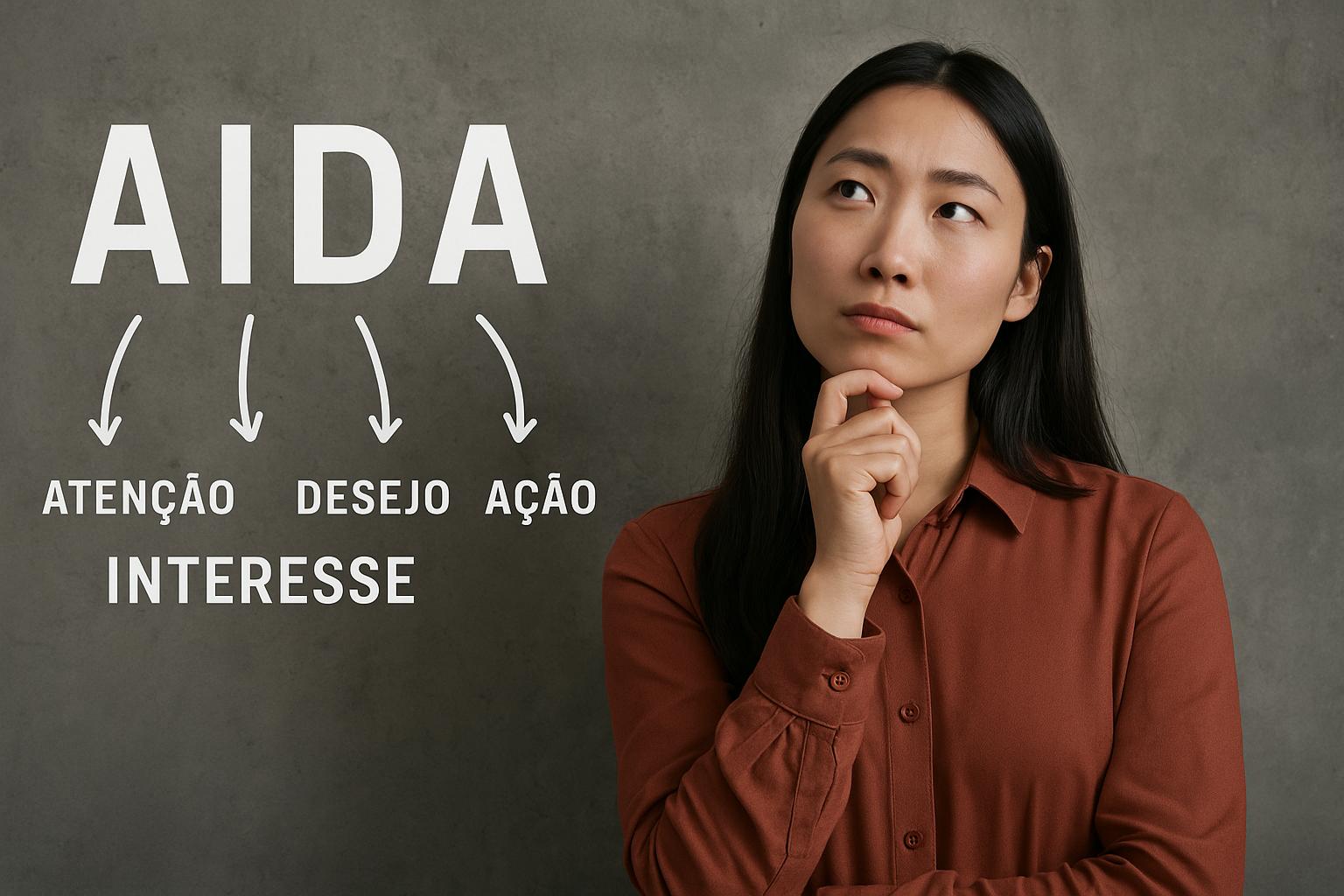 Mulher asiática observa pensativa a palavra AIDA com setas conectando seus elementos em parede de concreto. Representa a metodologia AIDA.