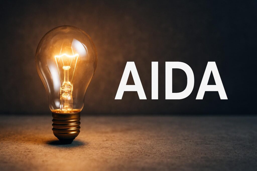 Lâmpada incandescente iluminada ao lado da palavra “AIDA” sobre fundo de concreto. Representa a metodologia AIDA.