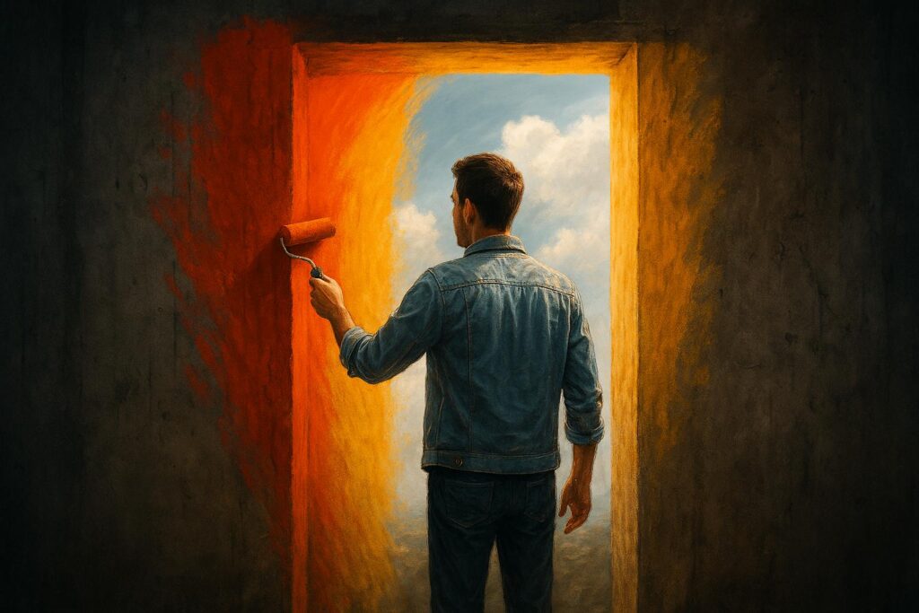 Homem jovem pinta um portal colorido em parede cinza rachada, com céu azul surgindo no fundo. Representa a metodologia AIDA.