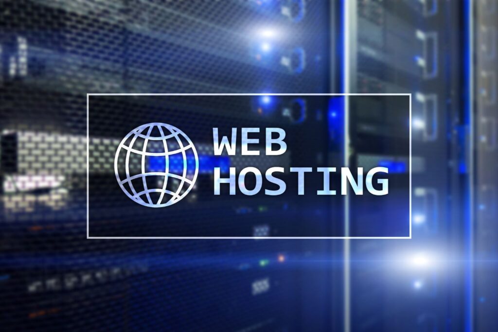 Servidores com a palavra "web hosting" destacada, indicando infraestrutura de autoridade de domínio no SEO.