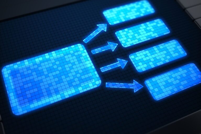 Representação digital de setas conectando blocos azuis, simbolizando fluxo de informações em agregador de conteúdo online